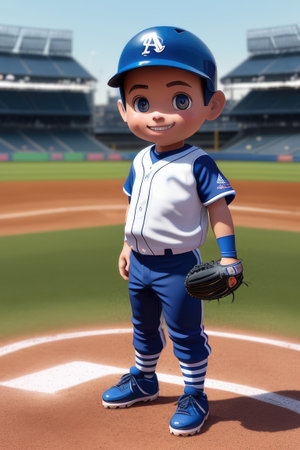 3d cartoon cute young baseball player in stadium background. Generative AIの素材