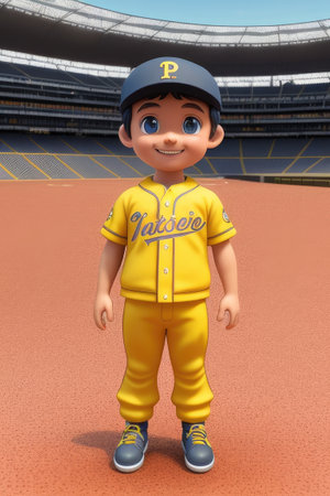 3d cartoon cute young baseball player in stadium background. Generative AIの素材