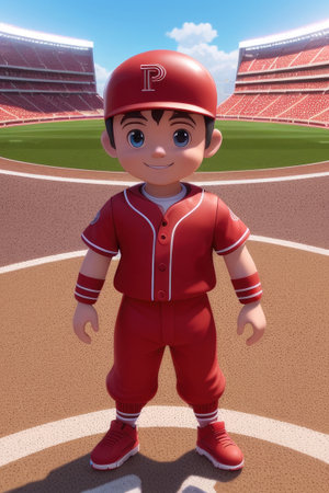 3d cartoon cute young baseball player in stadium background. Generative AIの素材