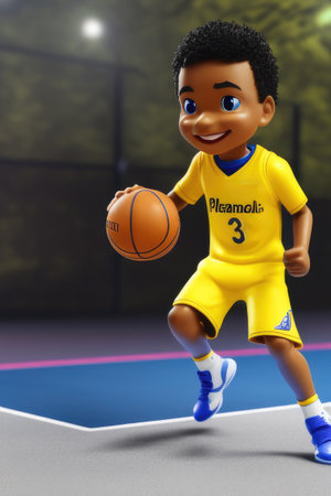 3d cartoon cute young basketball player in stadium background. Generative AIの素材