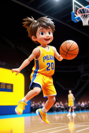 3d cartoon cute young basketball player in stadium background. Generative AIの素材