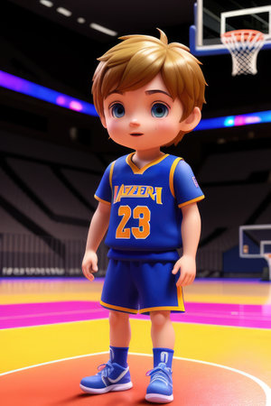 3d cartoon cute young basketball player in stadium background. Generative AIの素材