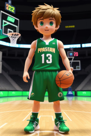 3d cartoon cute young basketball player in stadium background. Generative AIの素材