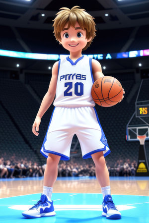 3d cartoon cute young basketball player in stadium background. Generative AIの素材
