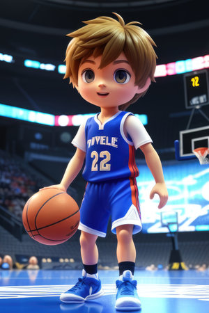 3d cartoon cute young basketball player in stadium background. Generative AIの素材