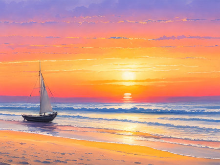 Closeup sea sand beach landscape, Orange and golden sunset sky. oil painting, Generative AIの素材