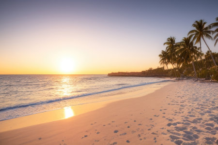 Closeup sea sand beach landscape, Orange and golden sunset sky. Generative AIの素材
