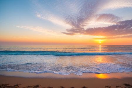 Closeup sea sand beach landscape, Orange and golden sunset sky. Generative AIの素材