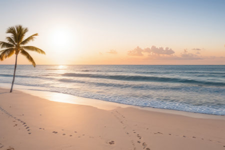 Closeup sea sand beach landscape, Orange and golden sunset sky. Generative AIの素材
