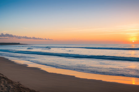 Closeup sea sand beach landscape, Orange and golden sunset sky. Generative AIの素材