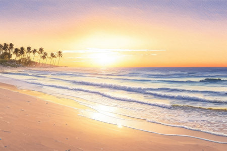 Closeup sea sand beach landscape, Orange and golden sunset sky. oil painting, Generative AIの素材