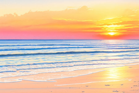 Closeup sea sand beach landscape, Orange and golden sunset sky. oil painting, Generative AIの素材