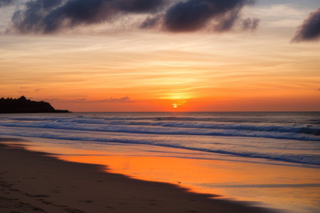 Closeup sea sand beach landscape, Orange and golden sunset sky. Generative AIの素材