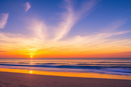Closeup sea sand beach landscape, Orange and golden sunset sky. Generative AIの素材