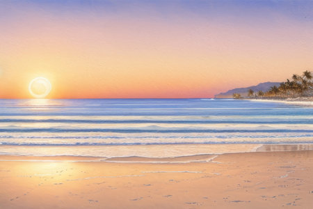 Closeup sea sand beach landscape, Orange and golden sunset sky. oil painting, Generative AIの素材