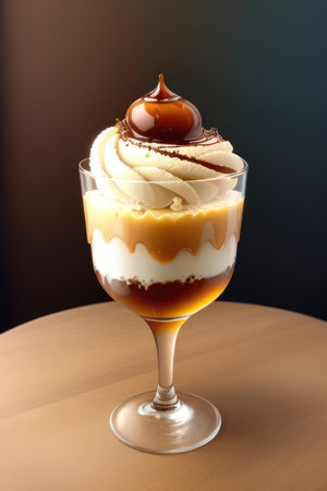 Ice cream sundae with caramel sauce in glass on wooden table. Generative AIの素材