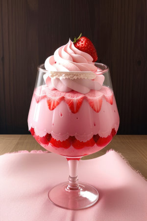Ice cream sundae with strawberry sauce in glass on wooden table. Generative AIの素材