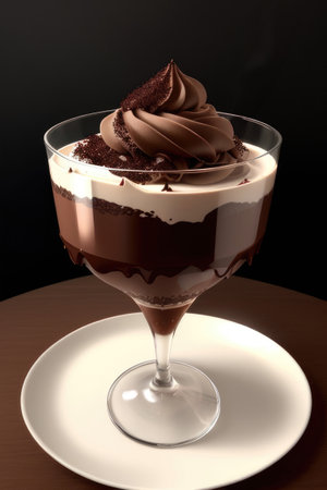 Ice cream sundae with Chocolate sauce in glass on wooden table. Generative AIの素材