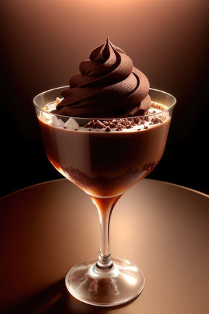 Ice cream sundae with Chocolate sauce in glass on wooden table. Generative AIの素材
