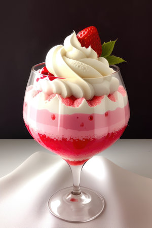 Ice cream sundae with strawberry sauce in glass on wooden table. Generative AIの素材