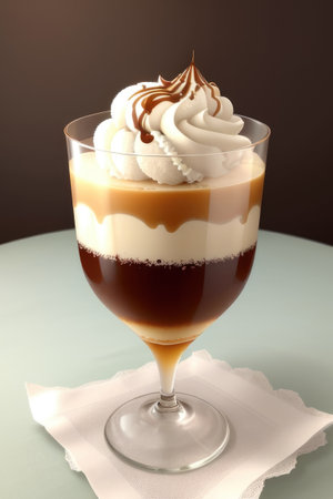 Ice cream sundae with strawberry sauce in glass on wooden tableの素材