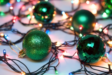 Christmas and New Year Christmas balls and garland with lightsの写真素材