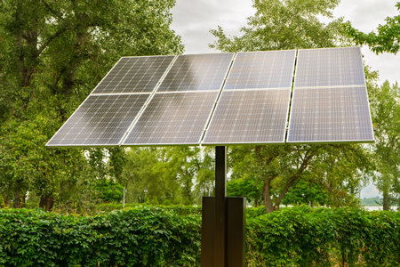 Solar panels in public park backgound. Photovoltaic modules for renewable energy, system of electric...