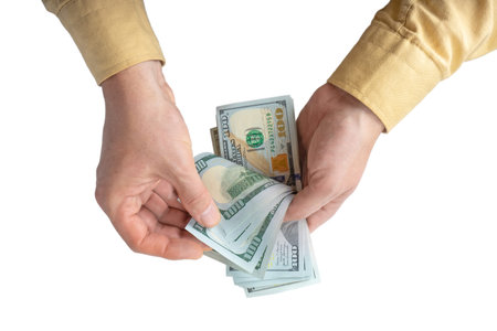man counting money. Allocation of money, economy concept, US dollar falling or rising. Man hands...