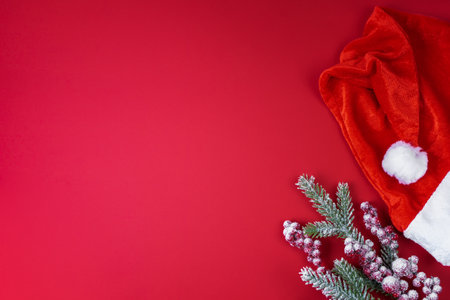 Red Santa Claus hat, Christmas tree branch on red surface. Christmas background, banner, header with copy space. Top view, flat layの写真素材
