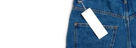 Back side pocket and price tag of blue jeans pants close-up isolated on white background, mockup,...