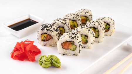 Sushi roll California with salmon, sesame seeds, avocado, cream cheese on white background. Sushi menu, rolls served on white dish and soy sauce. Traditional Japanese food.の写真素材