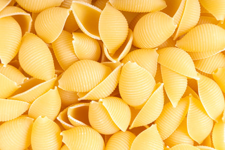 Conchiglioni spaghetti pattern, food background. Raw pasta, ingredient for cook, traditional italian cuisine. Wallpaper, banner, header, backdrop for restaurant menuの写真素材