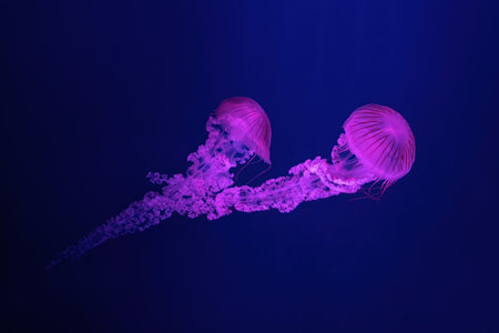 Two fluorescent jellyfish swimming underwater aquarium pool with pink neon light. The South American sea nettle chrysaora plocamia in blue water, ocean. Theriology, tourism, diving, undersea life.の写真素材