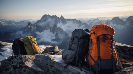 Tourist backpack on snowy mountain peaks background, outdoor activities. Vacation, travel, active leisure, extreme sport. AI generated.の素材