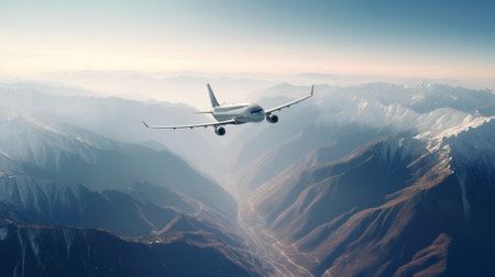 Tourist plane liner flies over snow-capped mountain peaks in the morning sun. Aviation, transportation concept. Family travel, tourism. Air, top view. AI generated.の素材