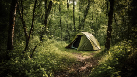 Tourist camp tent in the summer green forest, active leisure. Wellness family travel, vacation. AI generated.の素材