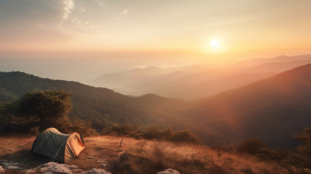 Tourist tent on the plateau, mountains peaks on sunset sun background, outdoor activities. Family trip in nature. AI generated.の素材