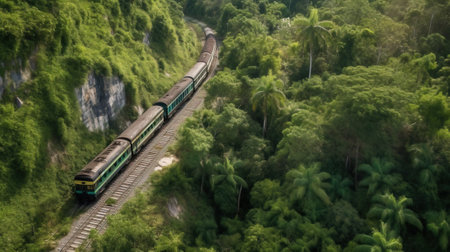 Railroad tracks with train carriages in the forest jungle, road travel. Active rest, tourism. AI generated.の素材