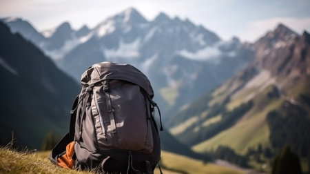 Tourist backpack on snowy mountain peaks background, outdoor activities. Vacation, travel, active leisure, extreme sport. AI generated.の素材