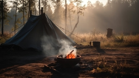 Tourist camp tent with campfire in summer green forest on sunset light, outdoor activities. Wellness family travel. AI generated.の素材