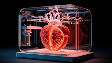 3D printer prints a human heart. Medical implantation of organs. Dark background, isolate. AI generated.の素材