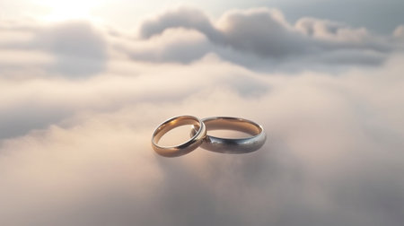 Two engagement wedding ceremonial gem rings, cloudy white smoky background. Close up greeting card. AI generated.の素材