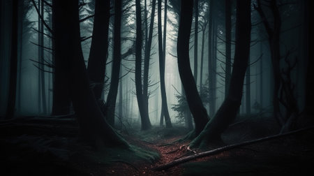 Halloween night horror scary forest, mystical fantasy nature. Header banner mockup with copy space. AI generated.の素材