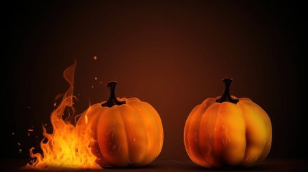 Halloween scary pumpkin on fire, black background, isolate. Header banner mockup with copy space. AI generated.の素材