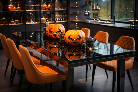Modern kitchen interior decorated for Halloween, orange pumpkin jack o'lantern on the table. Home decor for traditional holiday Halloween. AI generated.の素材