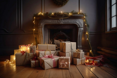 Pile of Christmas gift boxes wrapped with bows lies next to decorated fireplace. Festive room decorated with glowing garland in home interior, Happy New Year, Merry Christmas. AI generatedの素材