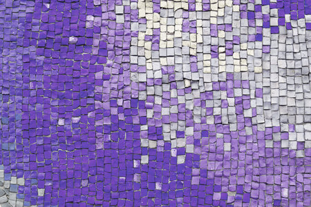 Abstract mosaic ceramic tile background. Chaotic pattern of purple and white ceramic tiles, wall decor, interior design element. Wallpaper, backdrop, copy space.の写真素材