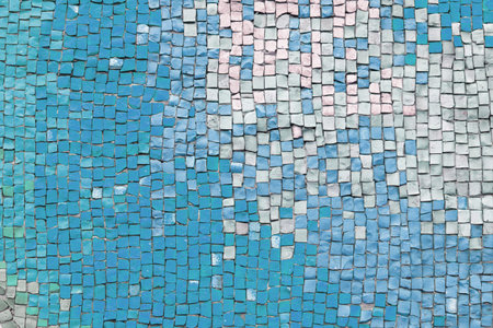Abstract mosaic ceramic tile background. Chaotic pattern of turquoise and white ceramic tiles, wall...
