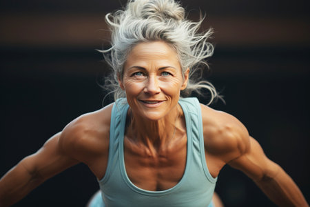 Portrait of beautiful mature woman looking at camera and smiling while standing in gymの素材