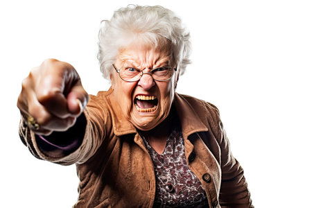 Portrait of angry senior woman pointing at camera. Isolated on white background.の素材